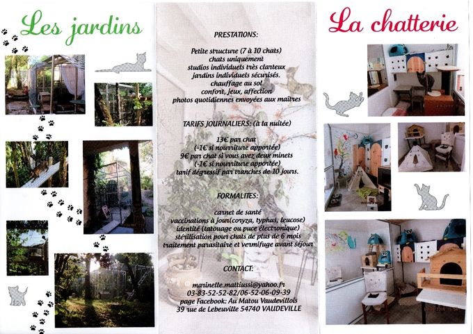 Ayant abandonnée le projet de mettre en place une pension féline avec un nouvel espace, il m'était difficile de ne rien pouvoir vous proposer.
Après visite et rencontre de  Marinelle , et de bons retours d'expérience par des adoptants de mes bouts de choux, je vous invite à la contacter si besoin, elle se fera un plaisir de prendre le plus grand soin de votre quatre pattes !